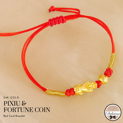24K GOLD MINI PI YAO with CHINES FORTUNE COIN RED CORD BRACELET