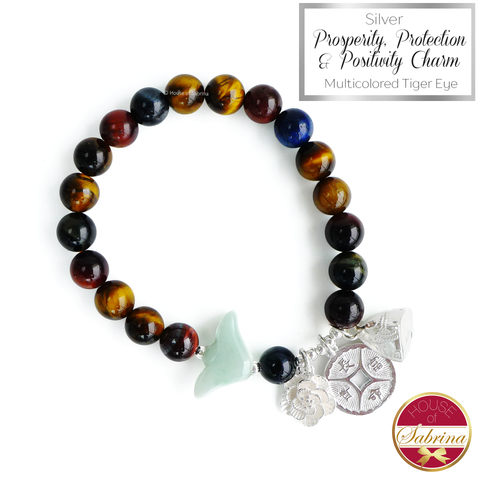 Silver Prosperity Protection and Positivity Trio on Multicolored Tger Eye Gemstone Bracelet