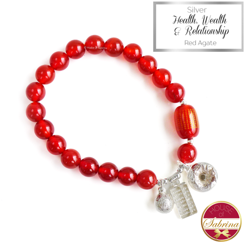 Silver Health Wealth and Relationship Charm on Red Agate Gemstone Bracelet