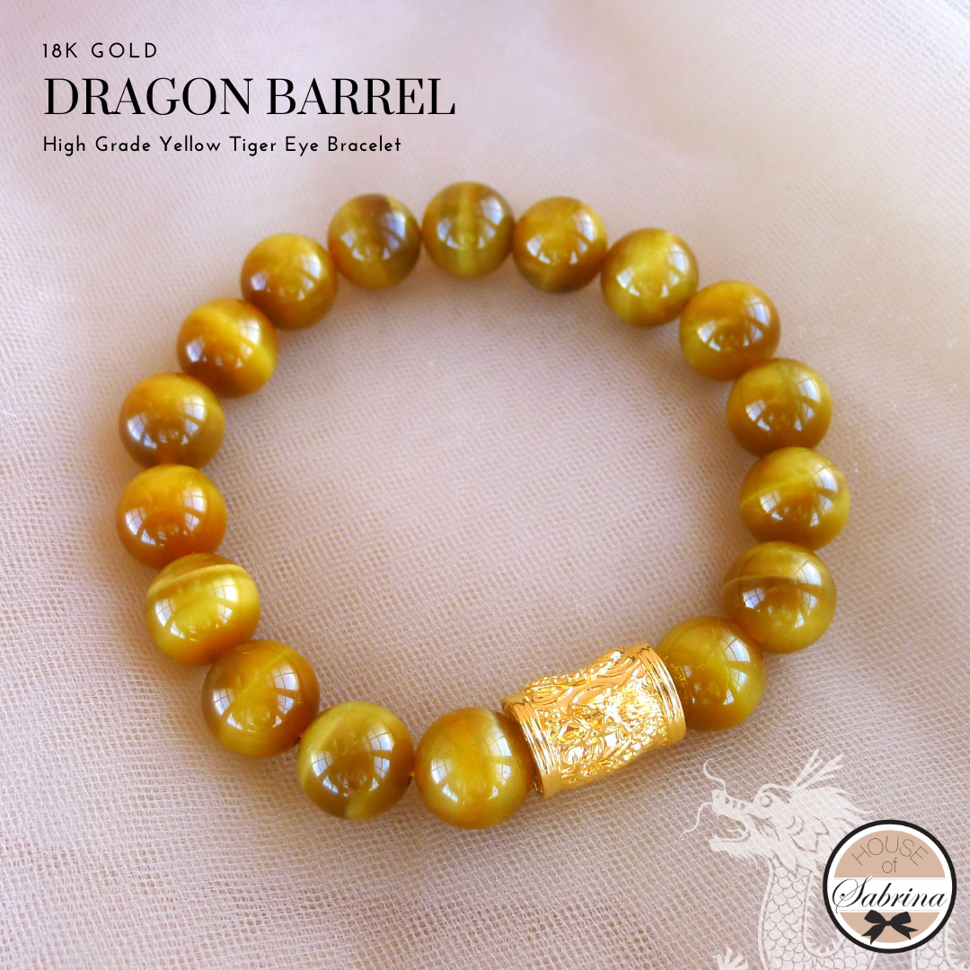 18K Gold Dragon Barrel with HIgh Grade Yellow Tiger Eye Gemstone Bracelet