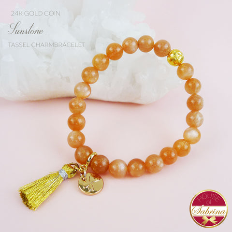 24K GOLD FORTUNE COIN+ HIGH GRADE SUNSTONE GEMSTONE TASSEL BRACELET