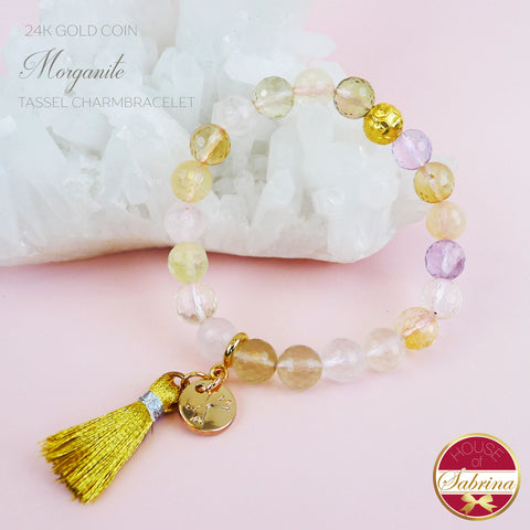 24K GOLD FORTUNE COIN + GEM GRADE MORGANITE GEMSTONE TASSEL BRACELET