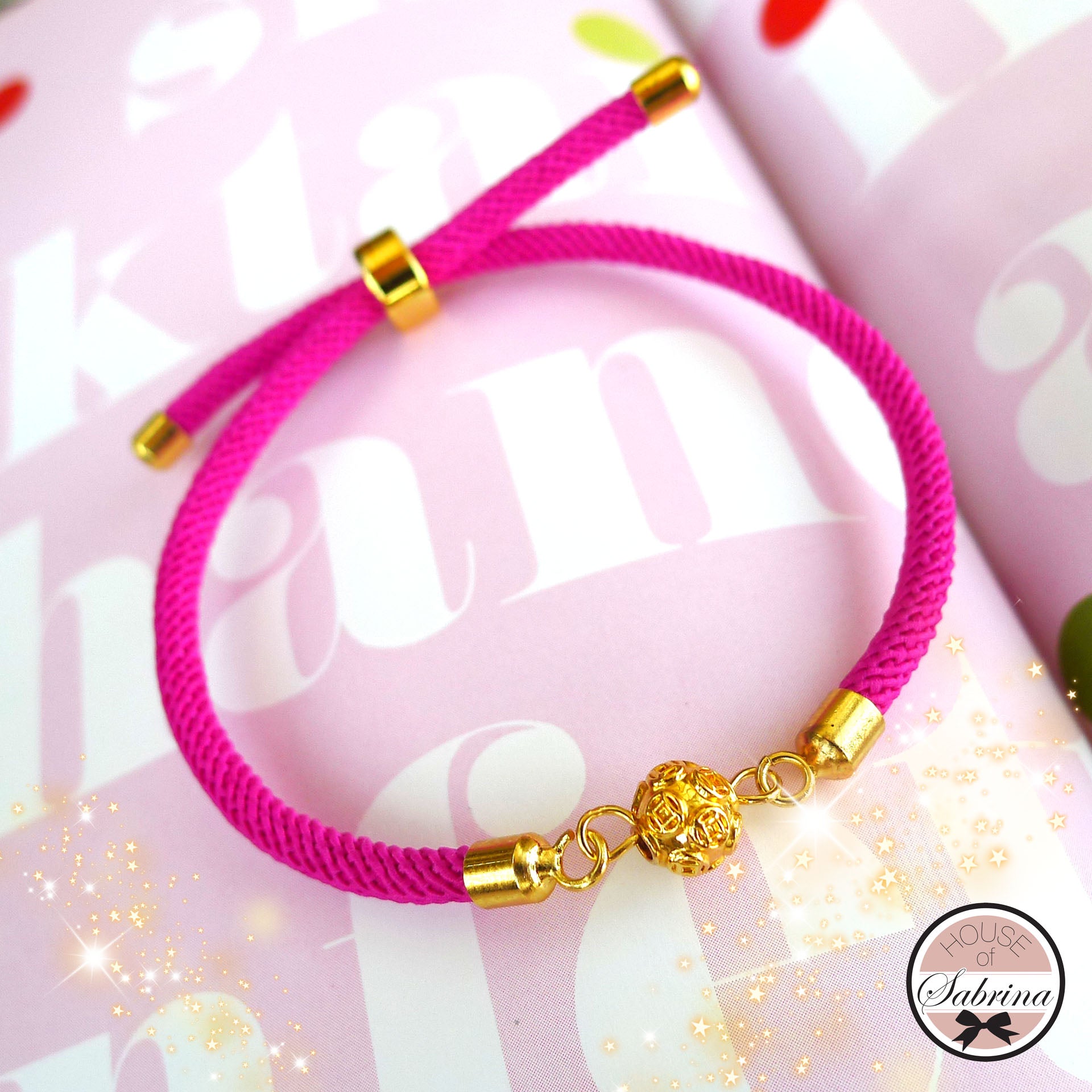 18K Gold Lucky Chinese Coin Ball Magenta Cord Bracelet