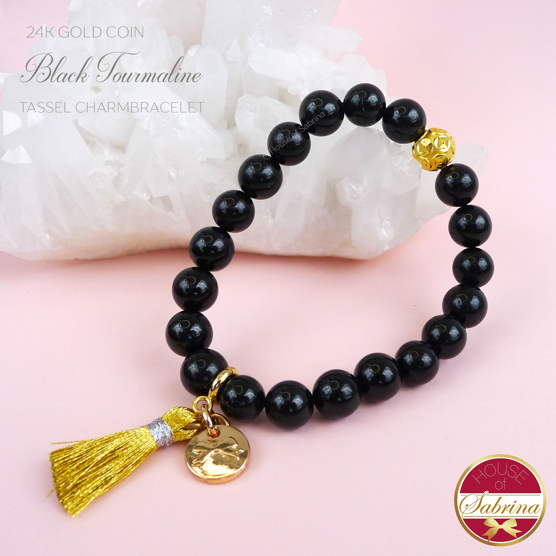 24K GOLD FORTUNE COIN + BLACK TOURMALINE GEMSTONE TASSEL BRACELET