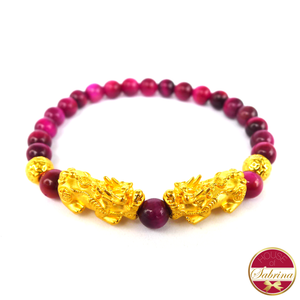 24K Gold Double Medium Pi Yao with Double Lucky Coin in Pink Tiger Eye Bracelet