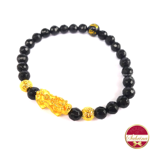 24K Gold Medium Pi Yao with Double Lucky Coin in Faceted Black Onyx Bracelet