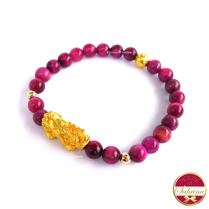 24K Gold Medium Pi Yao with Lucky Coin in Pink Tiger Eye Bracelet