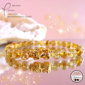 18K Gold Pixiu with Gem Grade Golden Rutilated Quartz Gemstone Bracelet