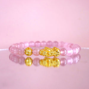 18K Gold Pixiu and Chinese Fortune Coin on High Grade Madagascan Rose Quartz