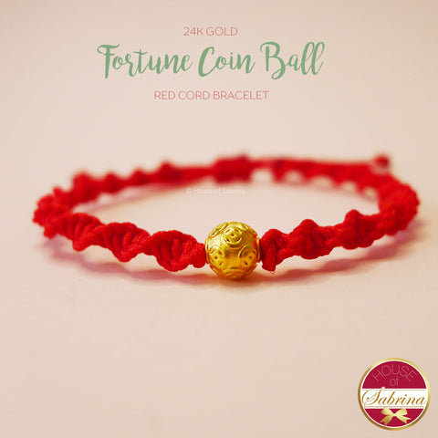24K GOLD FORTUNE COIN BALL RED CORD LUCKY CHARM BRACELET