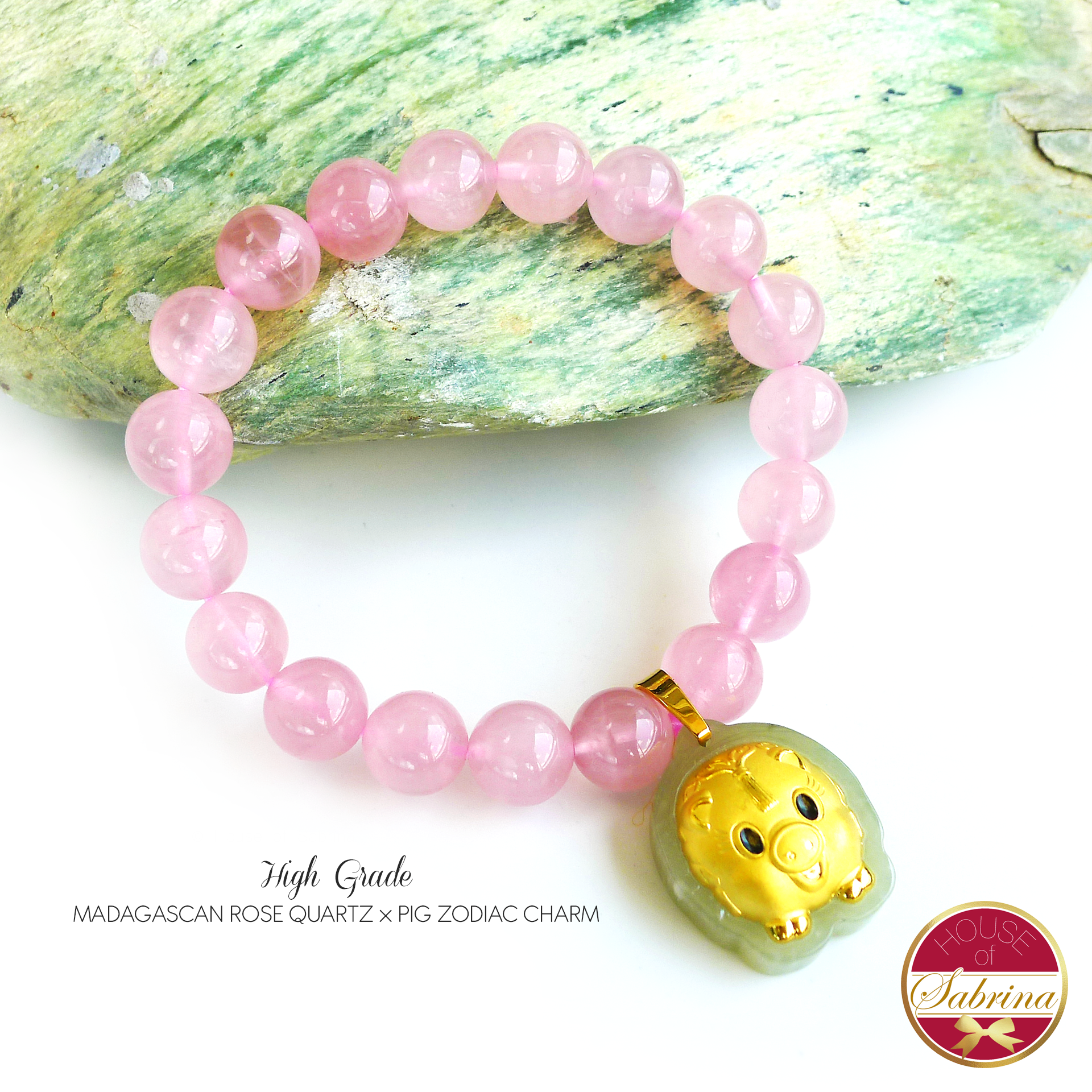 High Grade Madagascan Rose Quartz with 24K Gold Pig Zodiac Charm