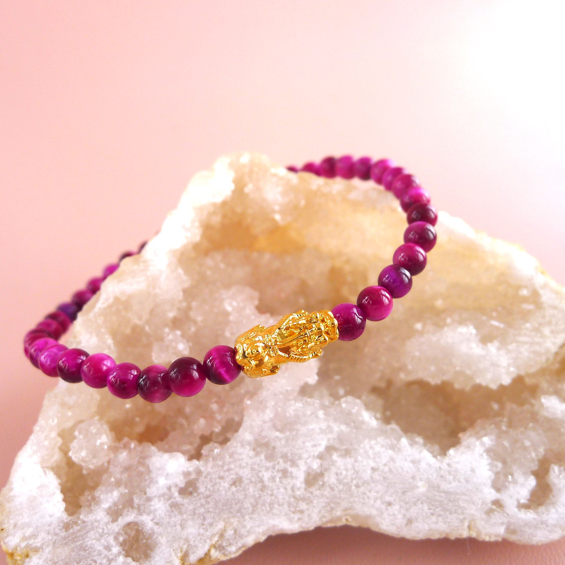 18K Gold Pixiu on Pink Tiger Eye Gemstone Bracelet