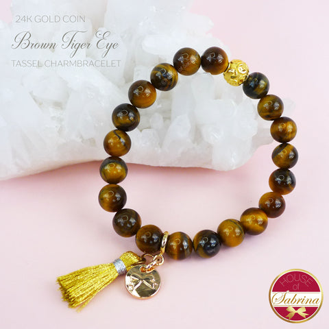 24K GOLD FORTUNE COIN + BROWN TIGER EYE GEMSTONE TASSEL BRACELET