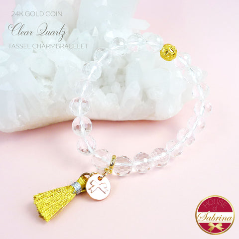 24K GOLD FORTUNE COIN + CLEAR QUARTZ GEMSTONE TASSEL BRACELET