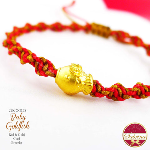 24K GOLD BABY GOLDFISH ON RED AND GOLD CORD LUCKY CHARM BRACELET