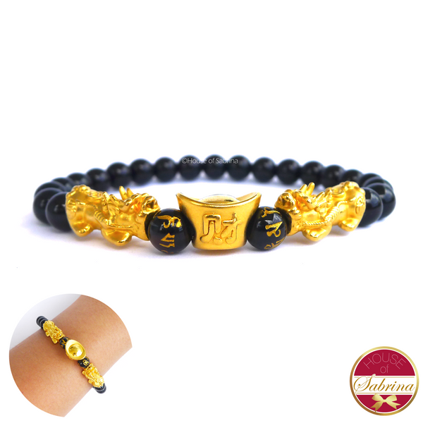 24K Gold Medium Double Pi Yao with Money Bar in Black Onyx Bracelet