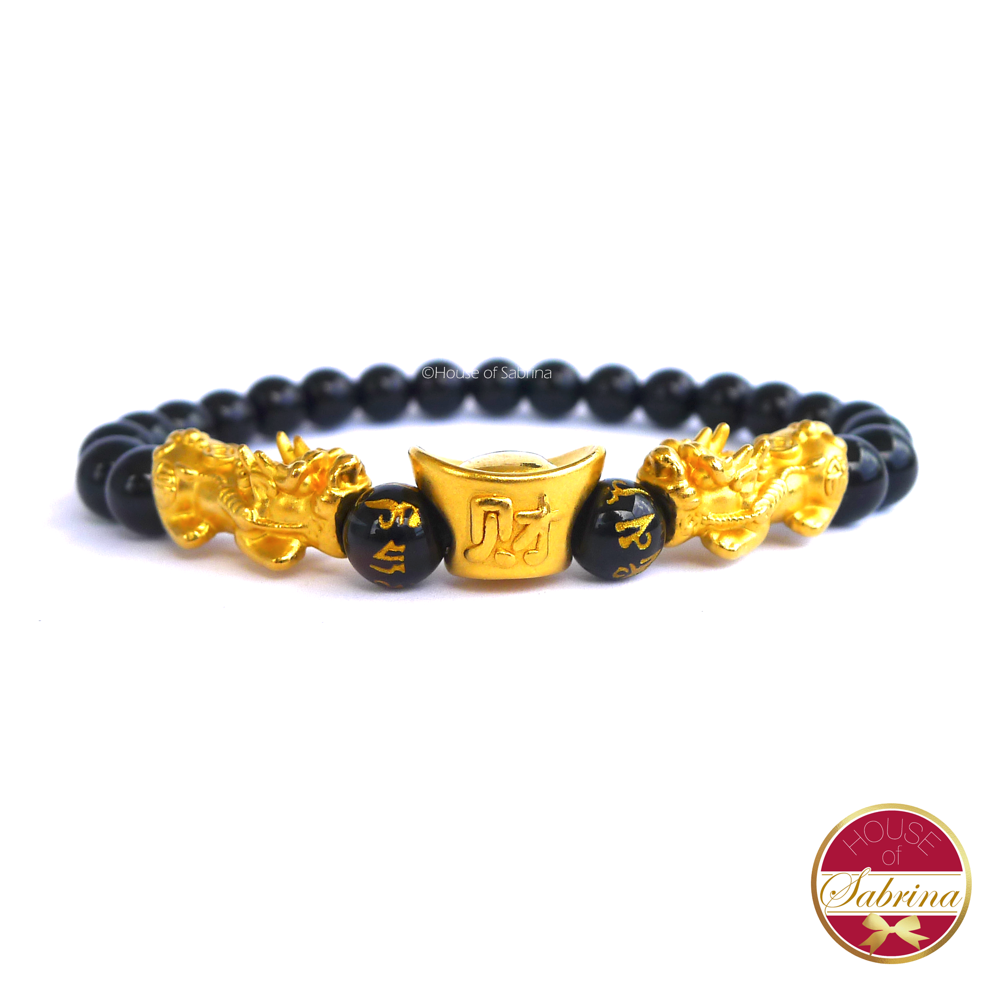 24K Gold Medium Double Pi Yao with Money Bar in Black Onyx Bracelet