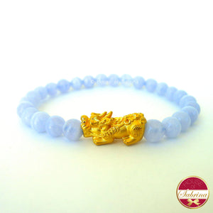 24K Gold Medium Pi Yao Charm in  Blue Lace Agate Bracelet
