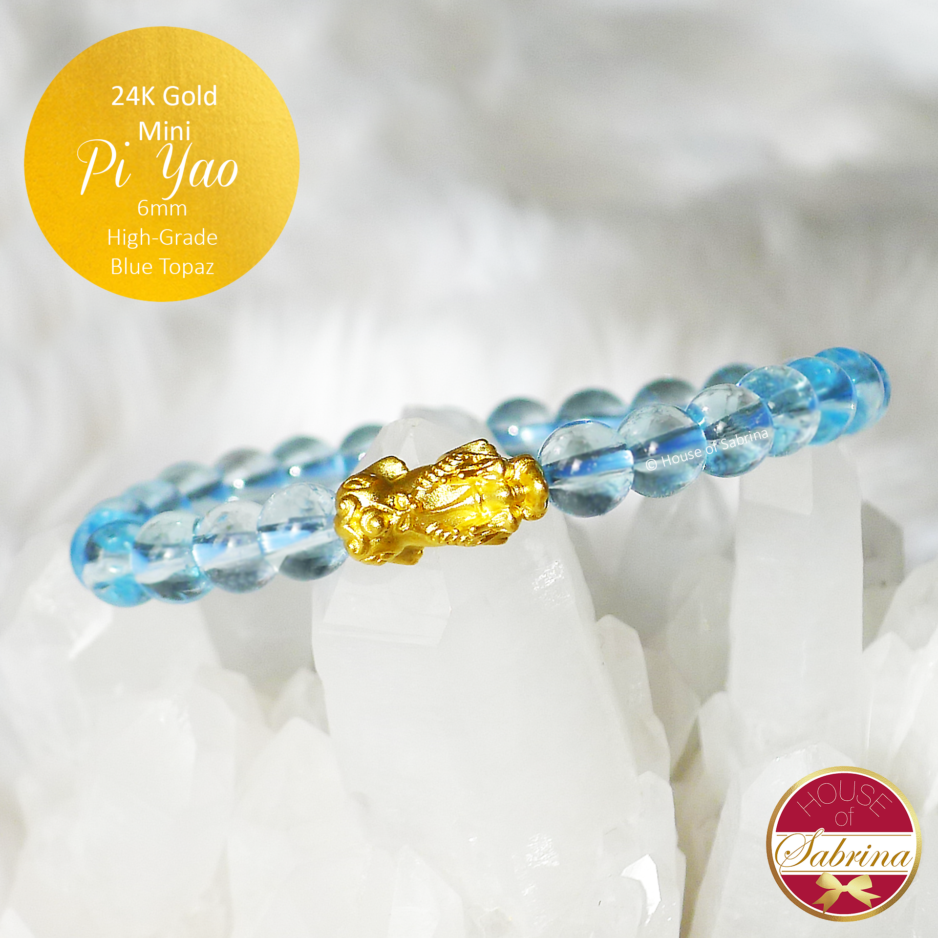 24K Gold Mini Pi Yao with High Grade Blue Topaz Gemstone Bracelet