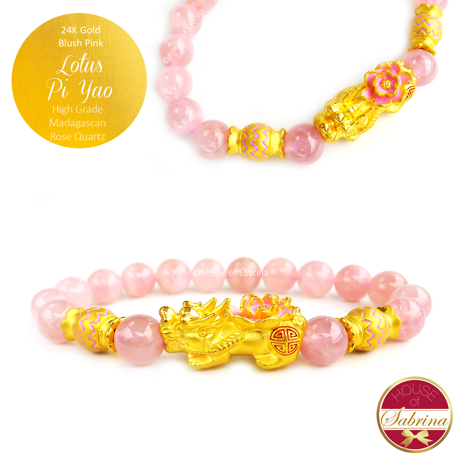 24K Gold Blush Pink Pi Yao Lotus with Candy Accents on High Grade Madagascan Rose Quartz