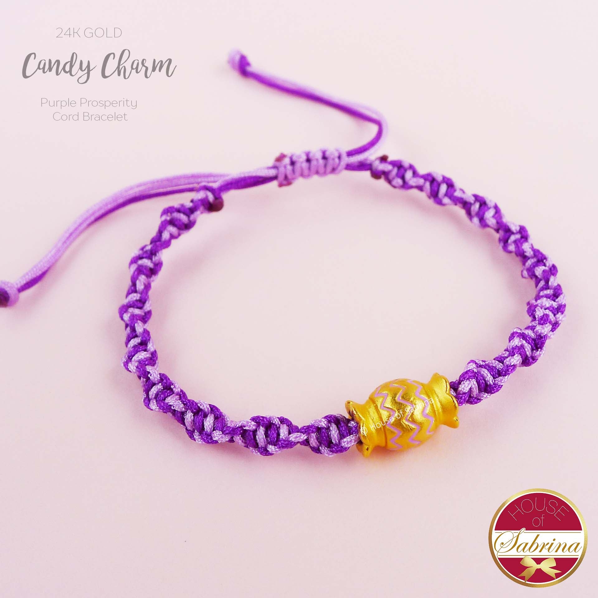 24K GOLD COLOURED CANDY CHARM ON PURPLE CORD LUCKY CHARM BRACELET