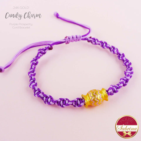 24K GOLD COLOURED CANDY CHARM ON PURPLE CORD LUCKY CHARM BRACELET