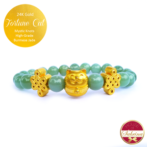 24K Gold Fortune Cat with Mystic Knots in High Grade Burmese Jade Gemstone Bracelet