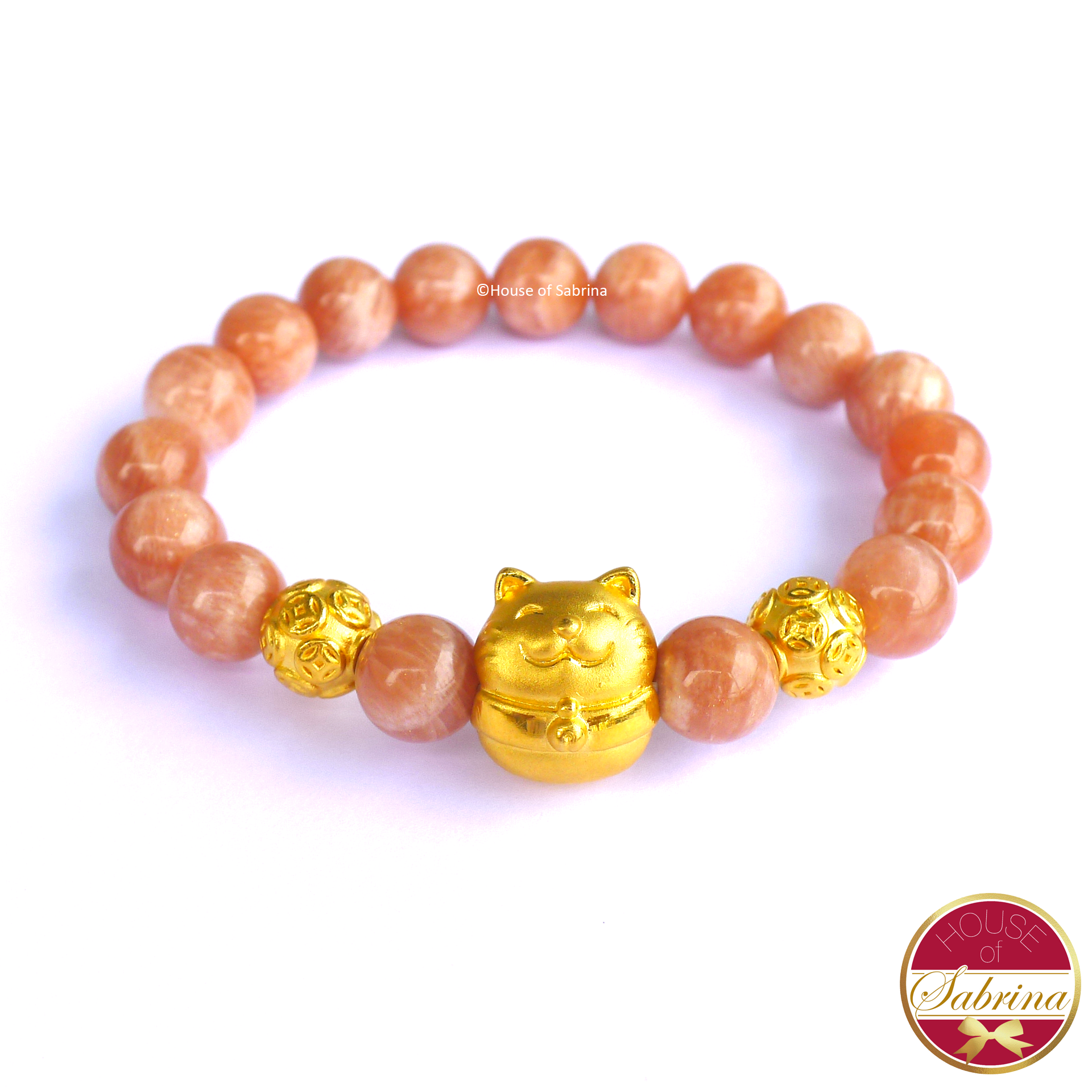 24K Gold Fortune Cat with Chinese Coins in Sunstone Gemstone Bracelet
