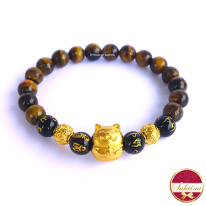 24K Gold Fortune Cat with Chinese Coins on Tiger Eye and Black Onyx Mantra Gemstone Bracelet