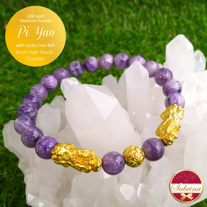 24K Gold Medium Double Pi Yao with Lucky Coin on 8mm High Grade Charoite Gemstone Bracelet