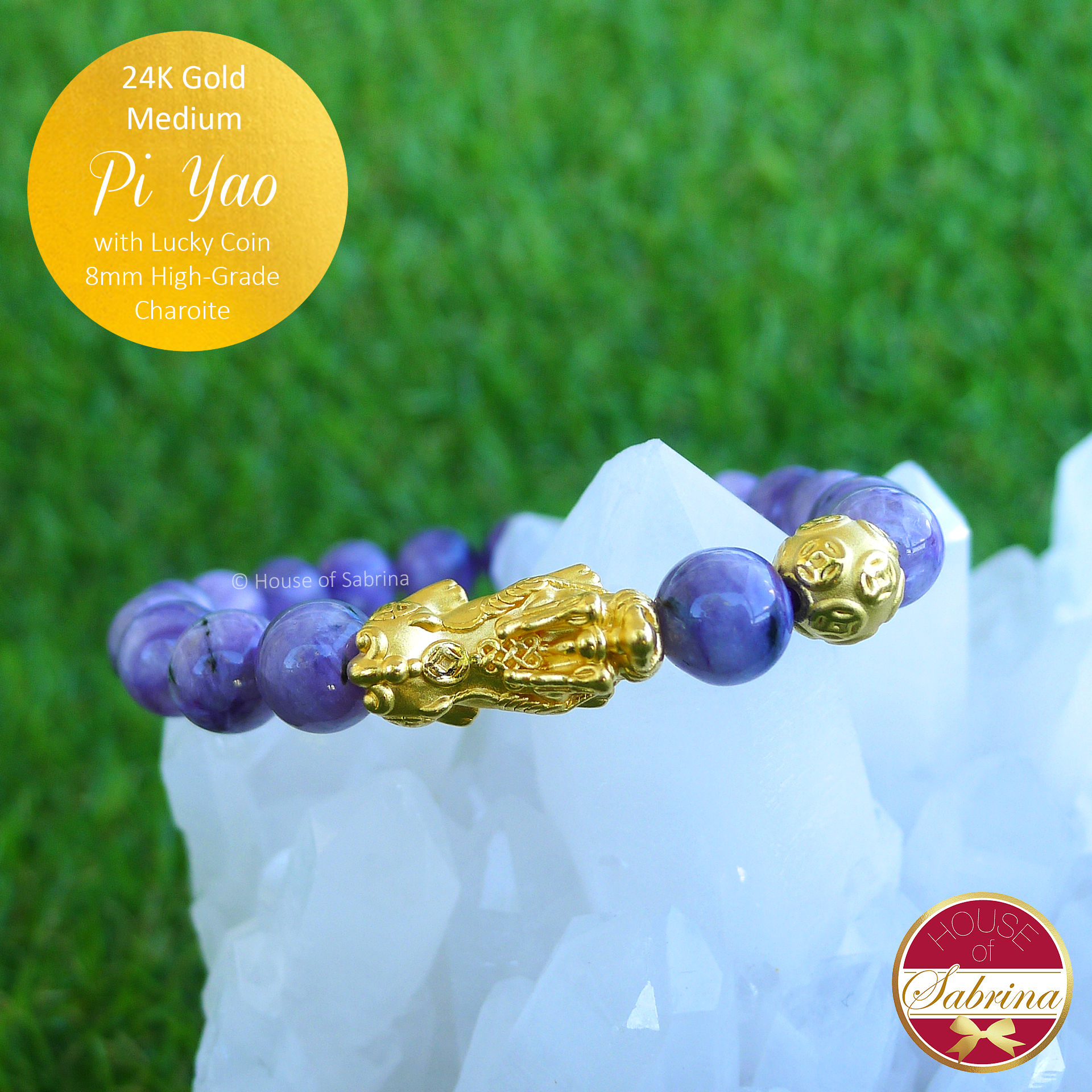 24K Gold Medium Pi Yao with Lucky Coin on High Grade Charoite