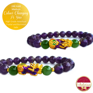 24K Gold Medium Purple - Blue Green Colour Changing Pi Yao on High Grade Faceted Amethyst Crystal and Darke Burmese Jade