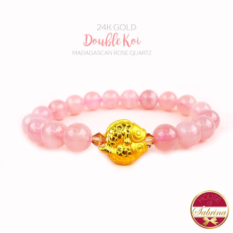 24K GOLD DOUBLE KOI + MADAGASCAN ROSE QUARTZ GEMSTONE BRACELET