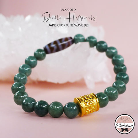 24K GOLD DOUBLE HAPPINESS BARREL with FORTUNE WAVE DZI and Jade Bracelet