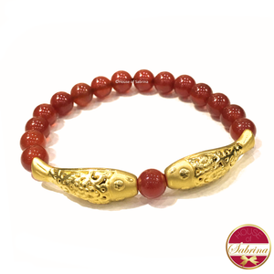 24K Gold Double Koi on Red Carnelian Gemstone Bracelet
