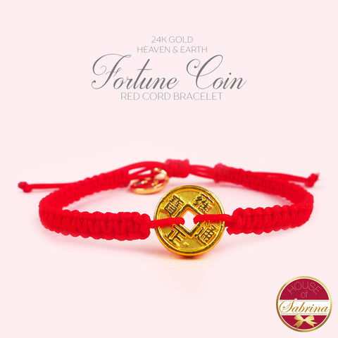 24K GOLD HEAVEN AND EARTH FORTUNE COIN ON RED CORD BRACELET