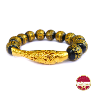 24K Gold Koi on Black Onyx Mantra  Gemstone Bracelet