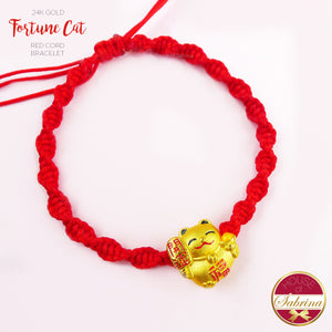 24K GOLD COLOURED FORTUNE CAT ON RED CORD LUCKY CHARM BRACELET