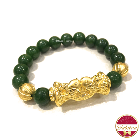 24K Gold Fortune Double Koi Barrel on Green Agate Gemstone Bracelet