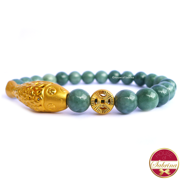 24K Gold Small Koi with Coin on Jade Gemstone Bracelet