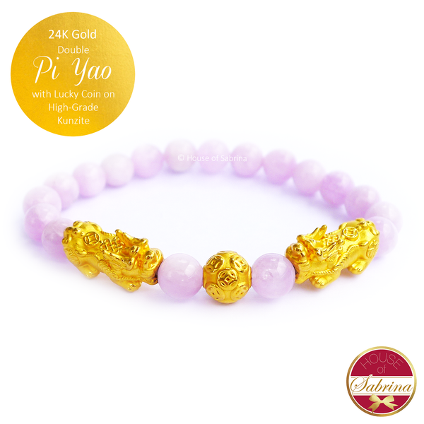 24K Gold Double Pi Yao (M) with Lucky Coin on High Grade Kunzite