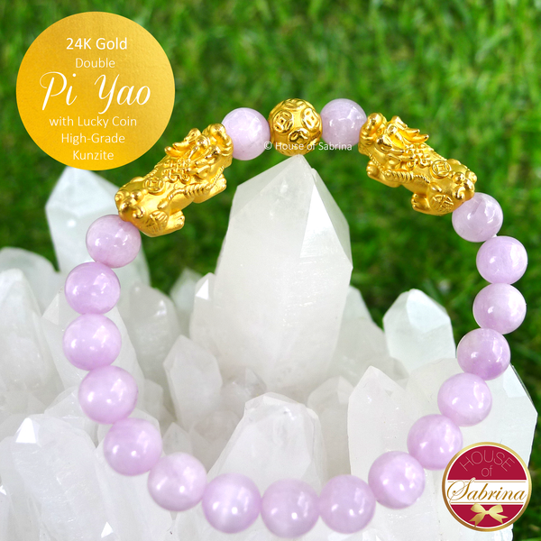 24K Gold Double Pi Yao (M) with Lucky Coin on High Grade Kunzite