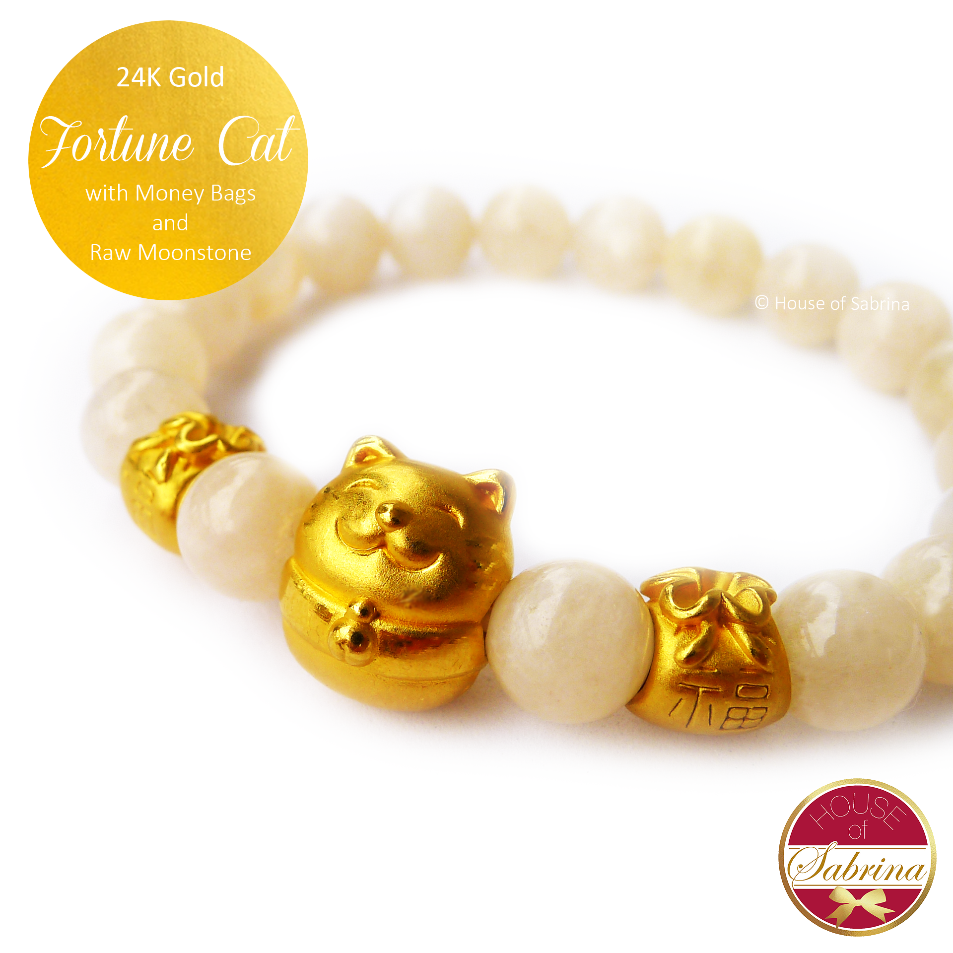 24K Gold Fortune Cat with Money Bags on Raw Moonstone Bracelet