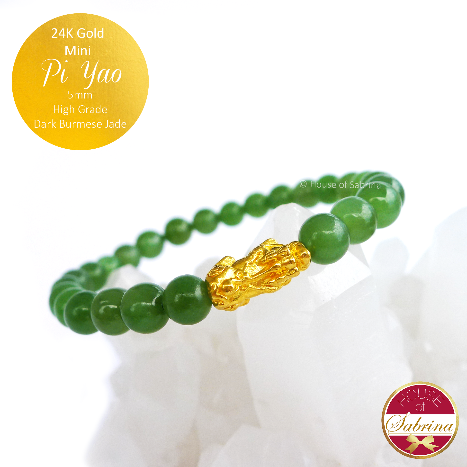 24K Gold Mini Pi Yao on High Grade Dark Burmese Jade Gemstone Bracelet
