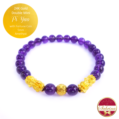 24K Gold Mini Double Pi Yao with Fortune Coin in Amethyst Crystal Bracelet