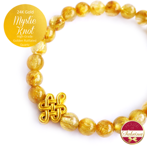 24K Gold Mystic Knot on High Grade Golden Rutilated Gemstone Bracelet