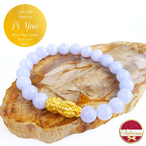 24K Gold Medium Pi Yao on High Grade Blue Lace Agate Gemstone Bracelet