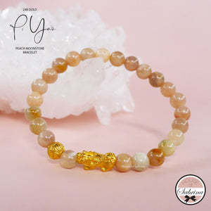24K Gold Pi Yao and Coin on Peach Moonstone Gemstone Bracelet