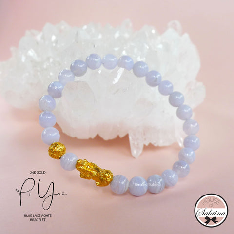 24K GOLD PI YAO with BLUE LACE AGATE GEMSTONE BRACELET