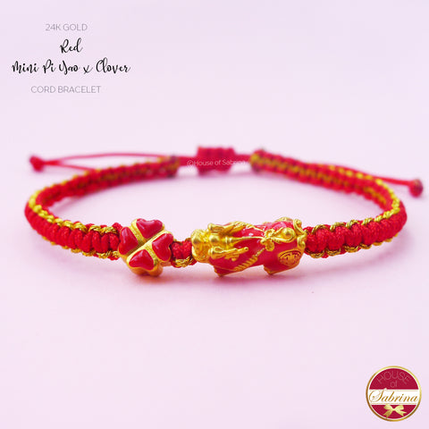24K GOLD RED MINI PI YAO with CLOVER RED CORD BRACELET